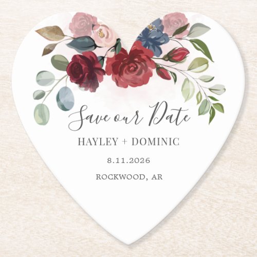 Save our Date Script Burgundy Floral Custom Paper Coaster