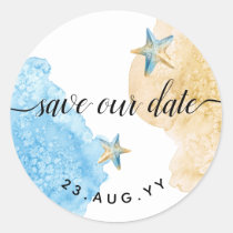 Save Our Date Watercolor Coastal Beach Wedding Classic Round Sticker