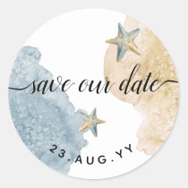 Save Our Date Watercolor Modern Dusty Blue Wedding Classic Round Sticker