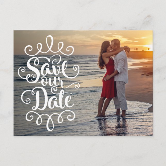 Save Our Date Wedding | Handwritten Ornate Script Postcard (Front)