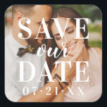 Save Our Date White Overlay Wedding Photo Custom Square Sticker<br><div class="desc">Stylish wedding typography sticker design features a square engagement photo (tip: crop before upload) with "Save Our Date" and custom wedding date text overlay. Personalize with your date. Note,  the white text color can be modified to contrast with your photo.</div>