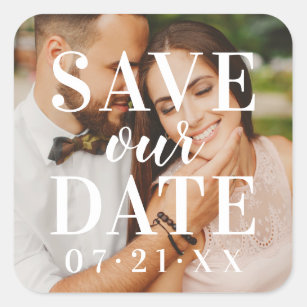 Save Our Date White Overlay Wedding Photo Custom Square Sticker