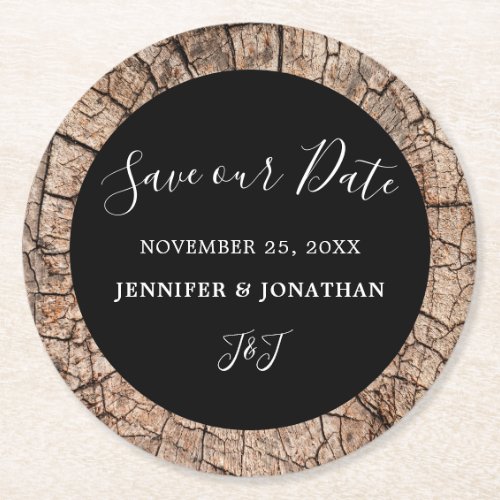 Save our date Wood Grain Rustic Wedding Round Paper Coaster