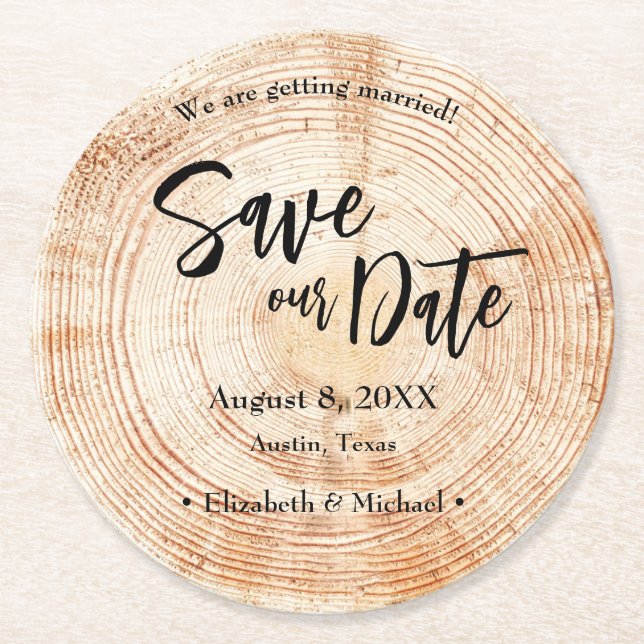 Save our date Wood grain Wedding Rustic  Round Paper Coaster (Front)