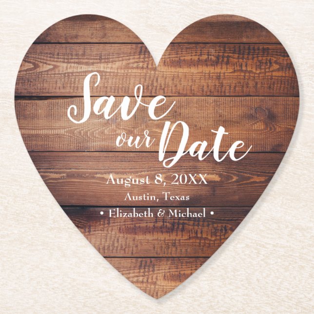 Save our date Wood Print Wedding Favor Paper Coaster (Front)