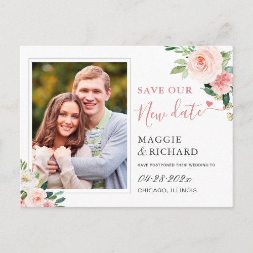 Save Our New Date Blush Pink Chic Floral Photo Postcard