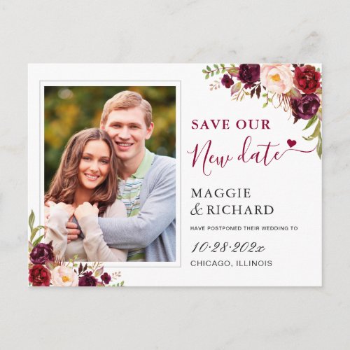 Save Our New Date Burgundy Red Floral Photo Postcard - Save Our New Date Burgundy Red Floral Photo | Change the Date Postcard. 
(1) For further customization, please click the "customize further" link and use our design tool to modify this template.
(2) If you need help or matching items, please contact me.