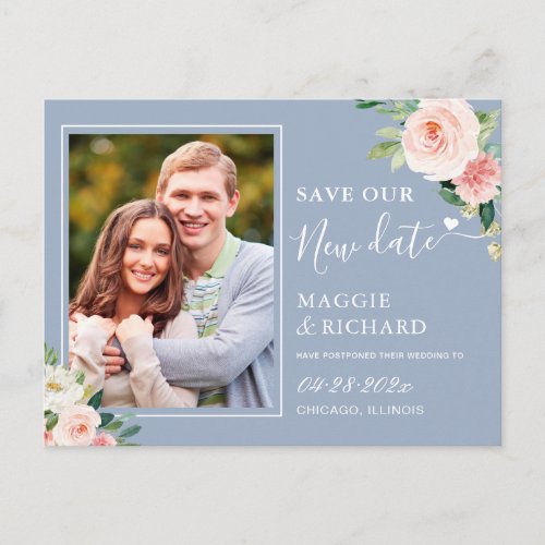 Save Our New Date Dusty Blue Blush Pink Floral Postcard