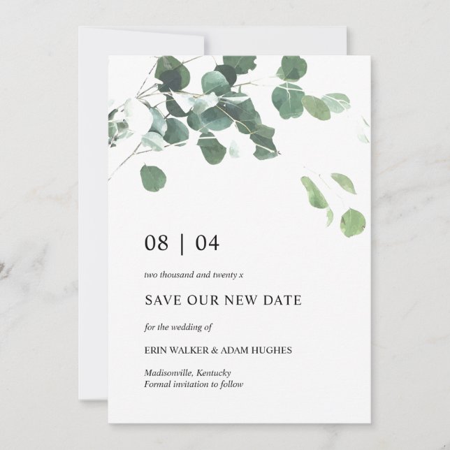 Save Our New Date Eucalyptus Leaves Wedding Card (Front)