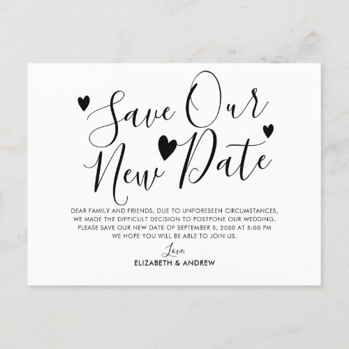 Save Our New Date Plans Heart Wedding Postponement Announcement Postcard