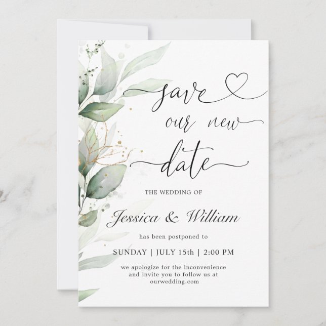 Save our new  Date Postponed Watercolor Eucalyptus Invitation (Front)