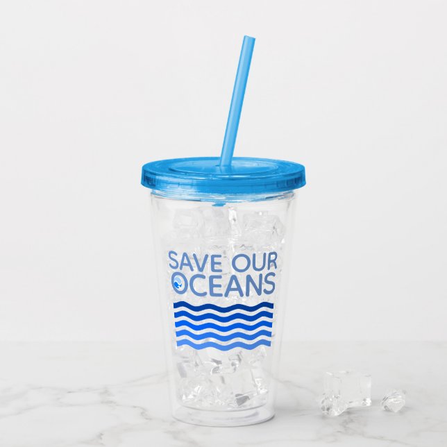 Save Our Oceans Blue Stylized Earth Waves Acrylic Tumbler (Back Ice)