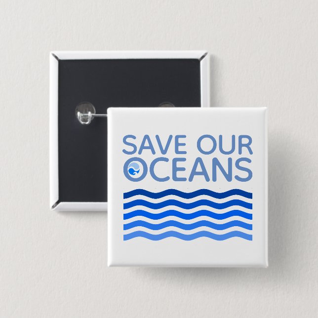 Save Our Oceans Blue Stylized Earth Waves Button (Front & Back)