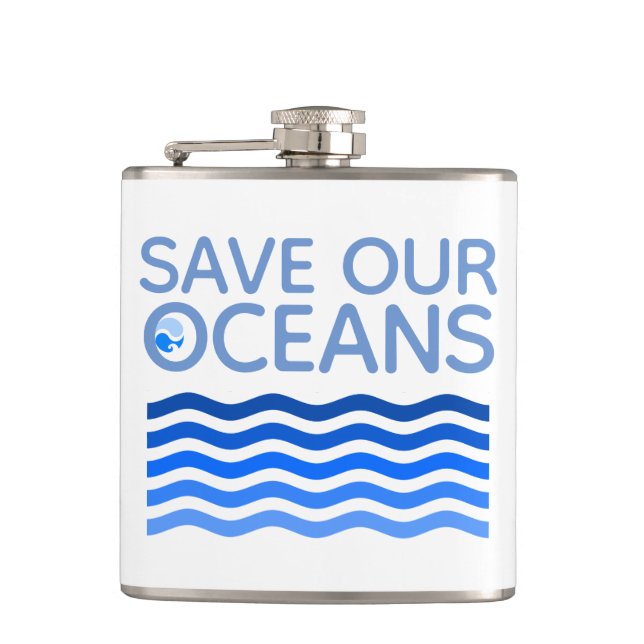 Save Our Oceans Blue Stylized Earth Waves Hip Flask (Front)