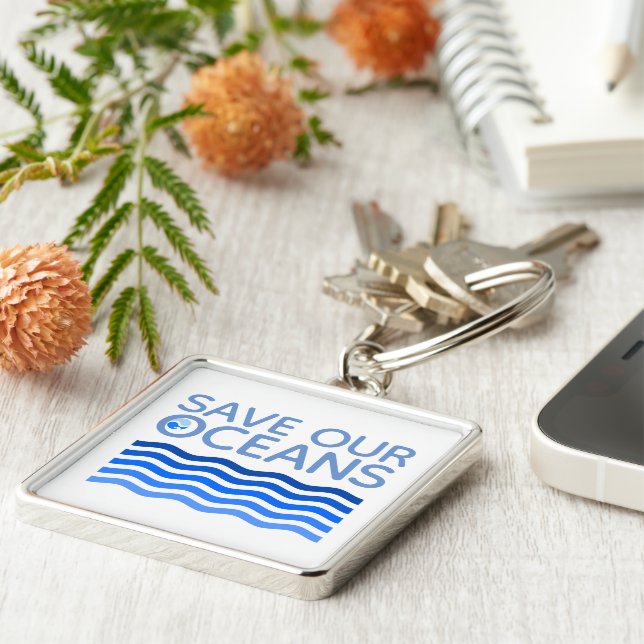 Save Our Oceans Blue Stylized Earth Waves Keychain (Side)