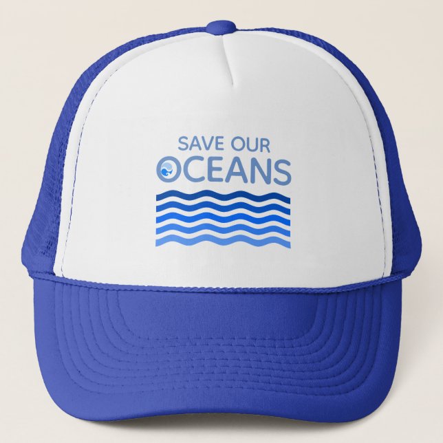 Save Our Oceans Blue Stylized Earth Waves Trucker Hat (Front)