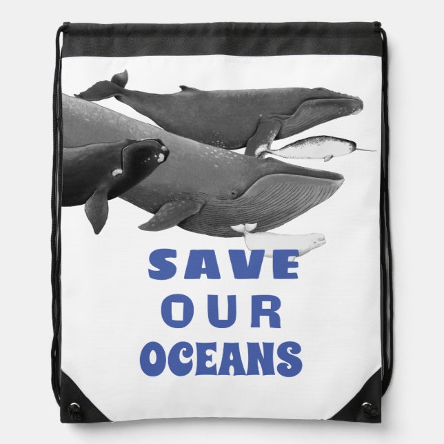 Save Our Oceans Environmental Art Whale   Drawstring Bag (Front)