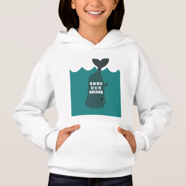 Save Our Oceans Environmental Art Whale Kids Hoodie (Front)