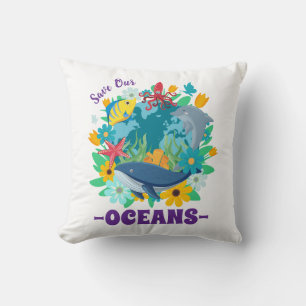 Save our oceans Flower Whale Colorful Design Earth Throw Pillow