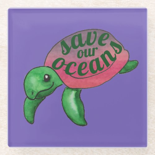 Save Our Oceans Purple Sea Turtle Glass Coaster