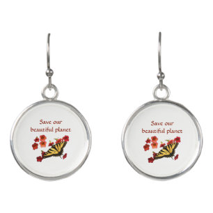 Save Our Planet Butterfly on Red Flowers Earrings