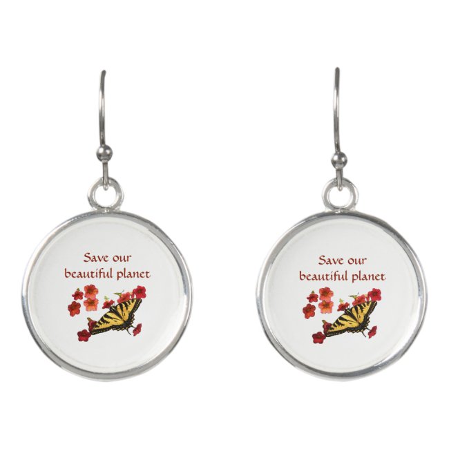 Save Our Planet Butterfly on Red Flowers Earrings