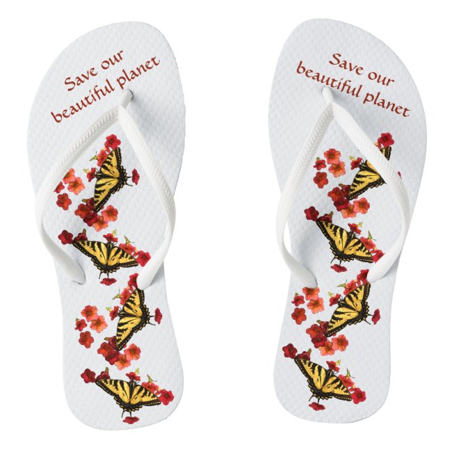 Save Our Planet Butterfly Red Flowers Flip Flops