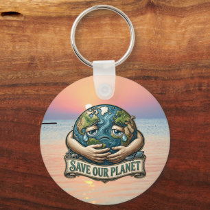 Save Our Planet Crying Earth Eco Awareness Keychain