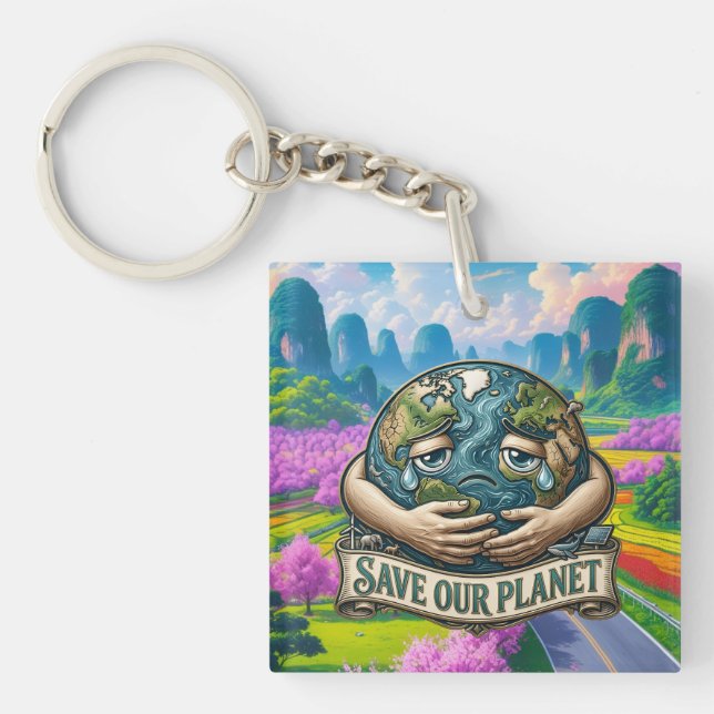 Save Our Planet Crying Earth Eco Awareness  Keychain (Front)
