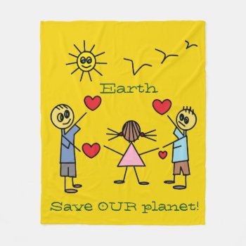 Save Our Planet Earth Colorful Stick Figure Kids Fleece Blanket by HappyGabby at Zazzle