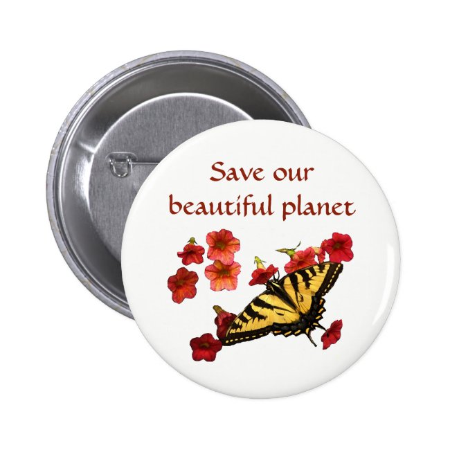 Save Our Planet Yellow Butterfly Flowers Button Button