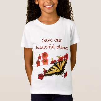 Save Our Planet Yellow Butterfly on Red Flowers T-Shirt