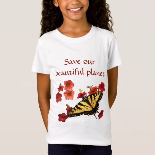 Save Our Planet Yellow Butterfly on Red Flowers T_Shirt