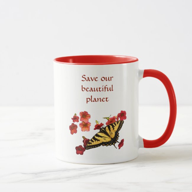Save Our Planet Yellow Butterfly Red Flowers Mug