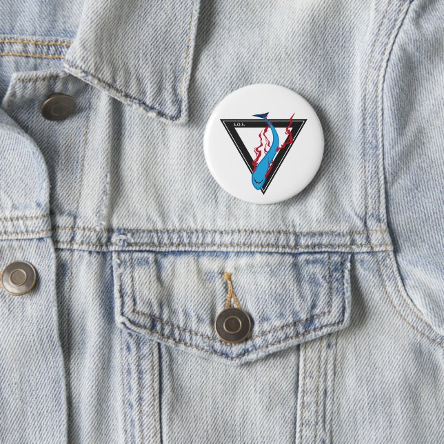 save our sharks SOS triangle Pinback Button (In Situ)