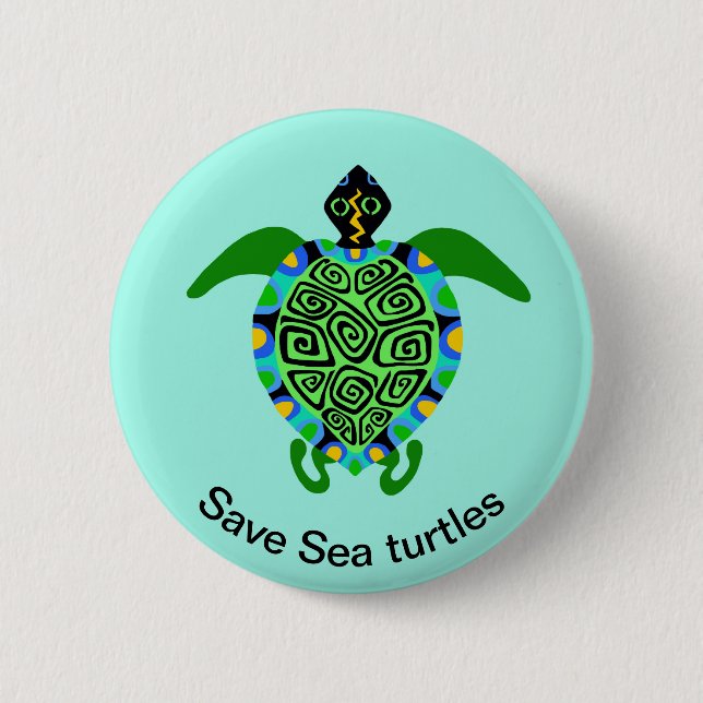 Save SEA TURTLES - Wildlife - Ocean Aqua  Button (Front)