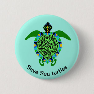Save SEA TURTLES - Wildlife - Ocean Aqua Button