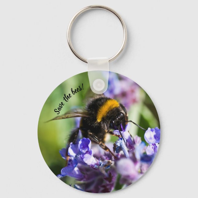 "Save the Bees" Bee on a purple flower Keychain (Front)