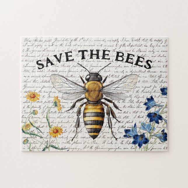 Save the Bees Big Bee Flowers Script Jigsaw Puzzle (Horizontal)