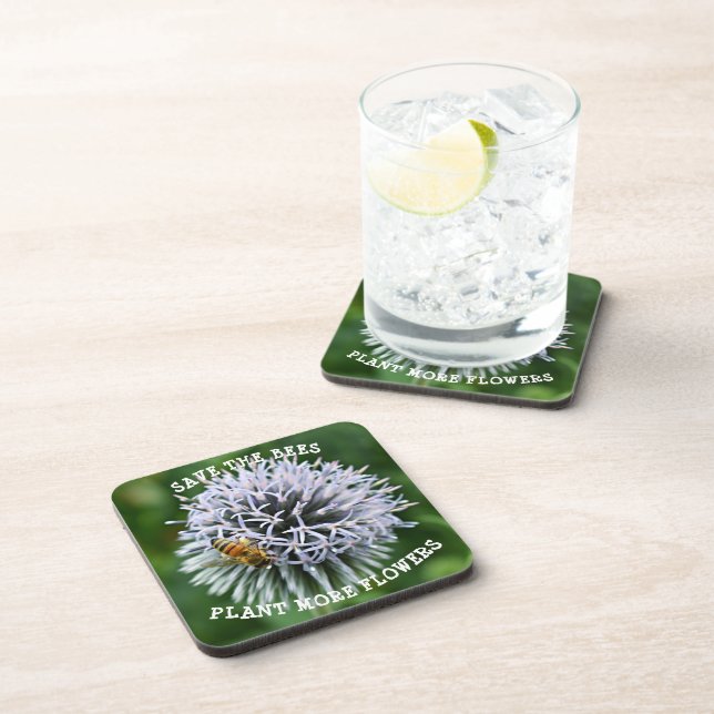 Save the Bees Globe Thistle Floral Beverage Coaster (Right Side)