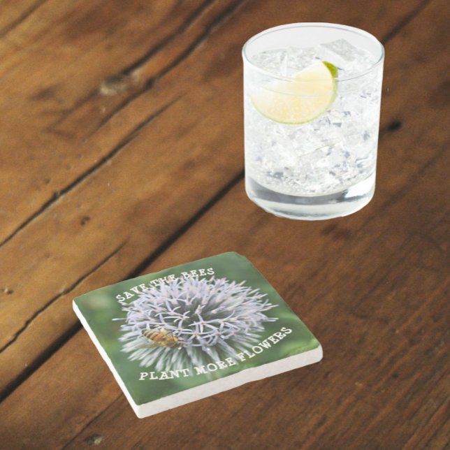Save the Bees Globe Thistle Floral Stone Coaster (In Situ Table)