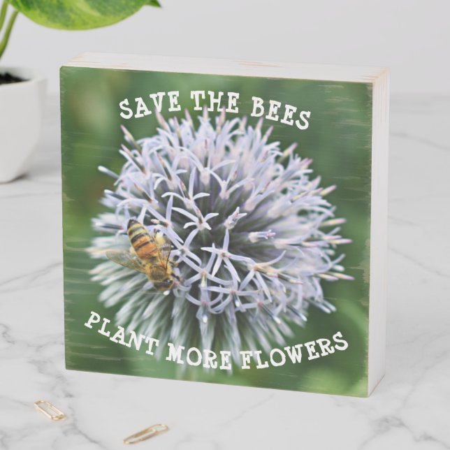Save the Bees Globe Thistle Floral Wooden Box Sign (In Situ Horizontal)