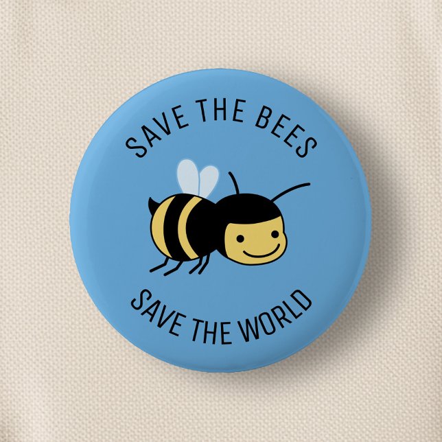 Save the Bees, Happy Little Bee on Blue Button (Creator Uploaded)