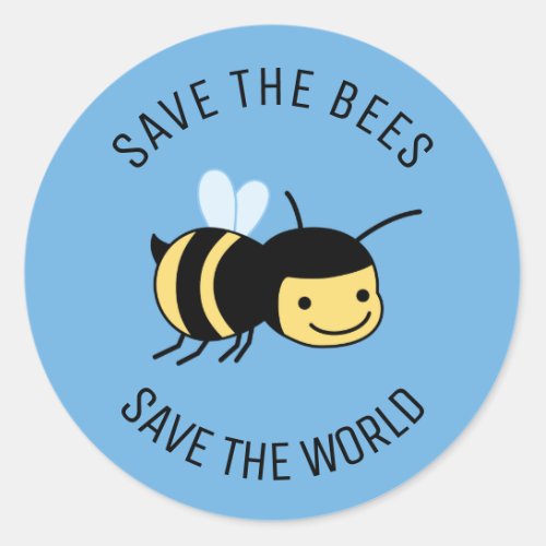 Save the Bees Happy Little Bee on Blue Classic Round Sticker