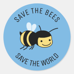 Save the Bees, Happy Little Bee on Blue Classic Round Sticker
