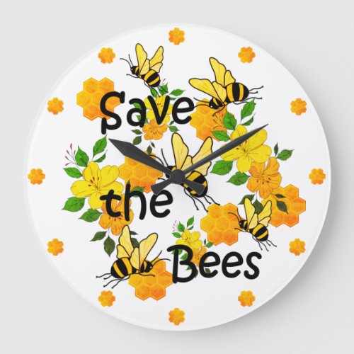 Save the bees Honeycomb and Yellow Flowers Large Clock