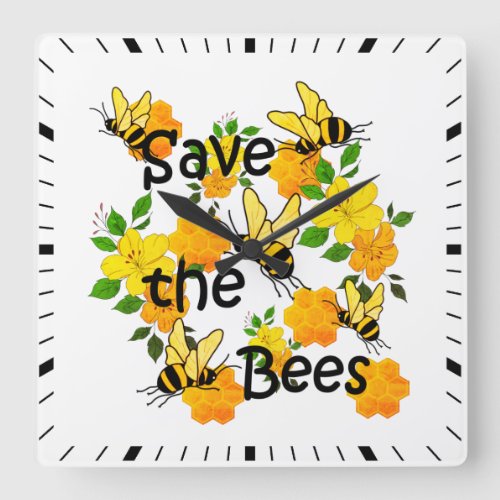 Save the bees Honeycomb and Yellow Flowers  Square Wall Clock