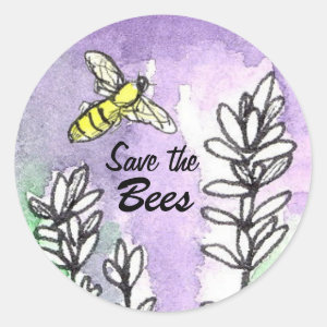 Save the Bees Lavender Flowers Watercolor Classic Round Sticker