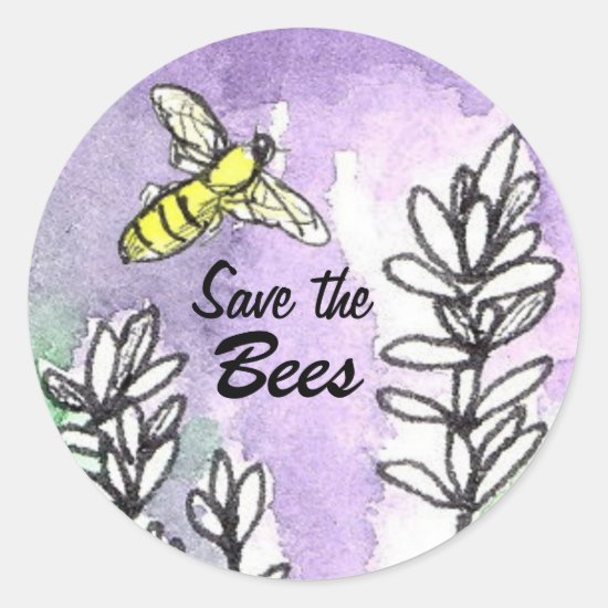 Save the Bees Lavender Flowers Watercolor Classic Round Sticker
