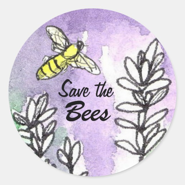 Save the Bees Lavender Flowers Watercolor Classic Round Sticker (Front)